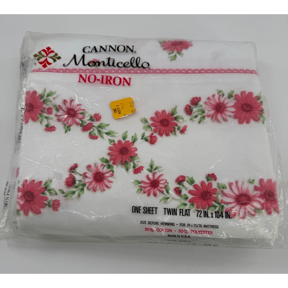 Cannon Monticello Flat Sheet Twin White Pink Floral Daisy No-Iron Vintage USA